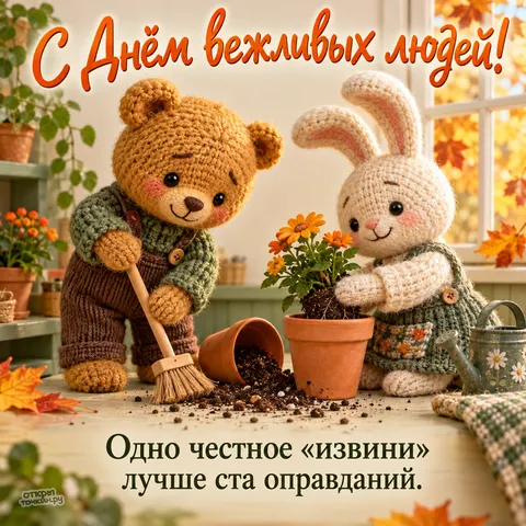 Открытка «День вежливых людей, вязаный медведь просит прощения у зайца»
