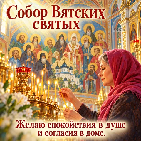 Открытка «Собор Вятских святых, женщина зажигает свечу перед иконой»