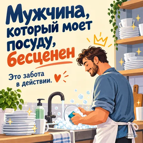 Открытка «День благодарности мужчине, который моет посуду, мужчина бесценен, забота в действии»