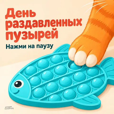 Открытка «День раздавленных пузырей, лапа кота на синей рыбке с пузырьками»