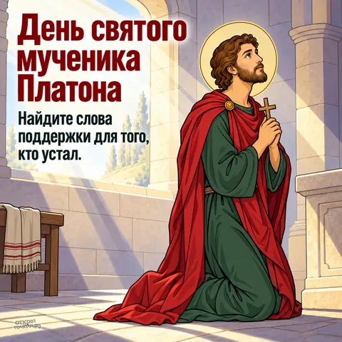 Открытка «День памяти мученика Платона, молитва на коленях в каменной арке»