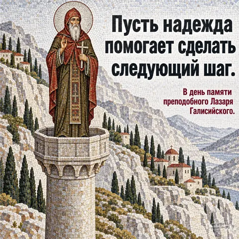 Открытка «День памяти преподобного Лазаря Галисийского, мозаика столпника с горным пейзажем»