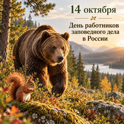Открытка «День заповедного дела, медведь и белка в осеннем лесу у горного озера» — День работников заповедного дела
