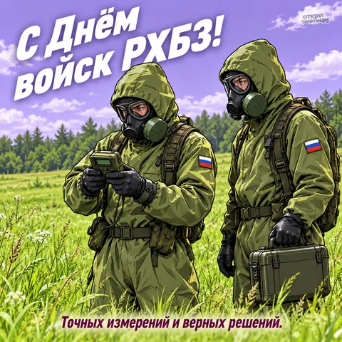 Открытка «День войск РХБЗ, двое в костюмах защиты с прибором и кейсом в поле» — День войск радиационной, химической и биологической защиты
