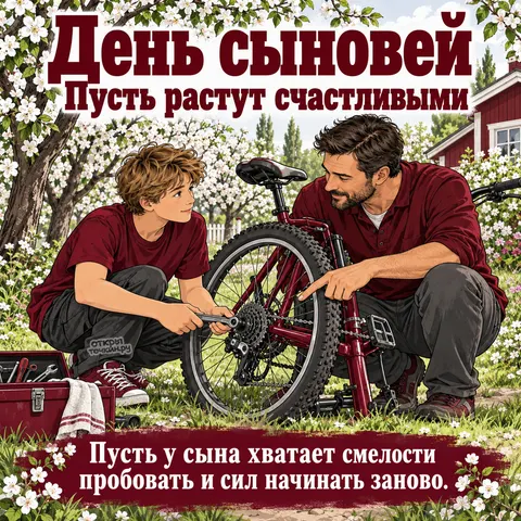 Открытка «День сыновей, отец и сын чинят красный велосипед на газоне»