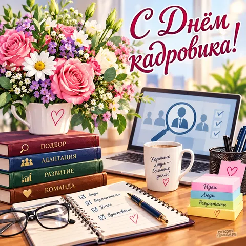 Открытка «С днём кадровика, букет на рабочем столе» — День кадрового работника в России