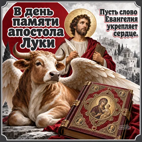 Открытка «День памяти апостола Луки, апостол с пером, крылатый телец и Евангелие с образом Богородицы, слово Евангелия укрепляет сердце» — День памяти святого апостола и евангелиста Луки