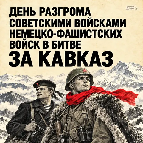Открытка «Битва за Кавказ, красный шарф и память о подвиге защитников» — День разгрома советскими войсками немецко-фашистских войск в битве за Кавказ