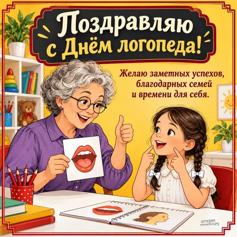 Открытка «Международный день логопеда, логопед и девочка с карточкой рта на занятии»