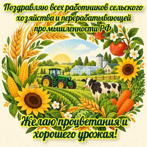 Открытка «День сельского хозяйства, ферма в венке из урожая» — День работника сельского хозяйства и перерабатывающей промышленности