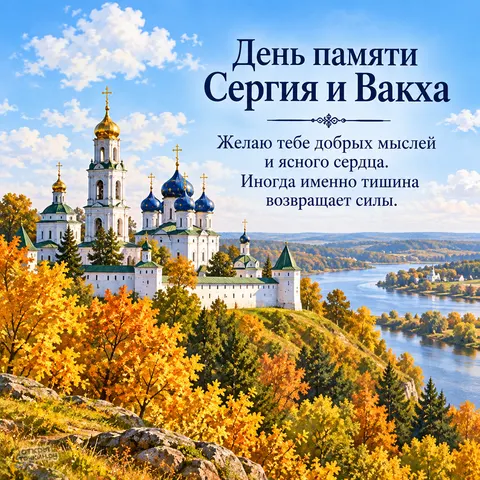 Открытка «День памяти Сергия и Вакха, осенний монастырь с голубыми куполами» — День памяти святых мучеников Сергия и Вакха