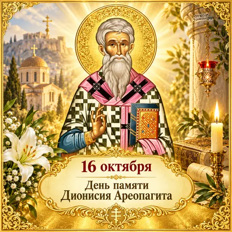 Открытка «День памяти священномученика Дионисия Ареопагита, Акрополь, кадило и лилии»