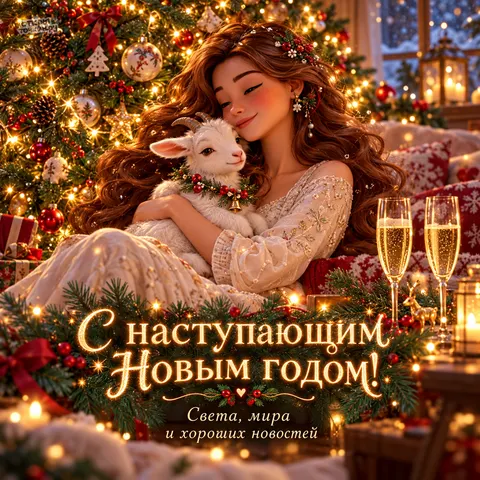 Открытка «С Наступающим Новым годом, девушка обнимает белого козлика у елки с бокалами» — Канун Нового года