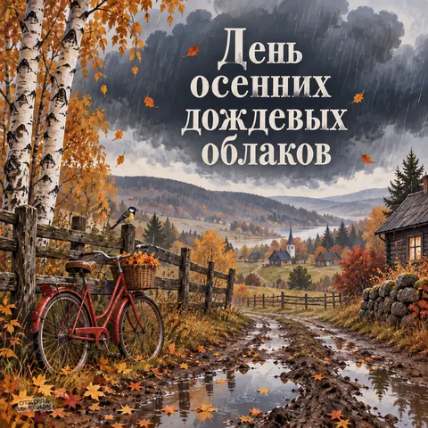 Открытка «День осенних дождевых облаков, красный велосипед у забора и деревня в долине»