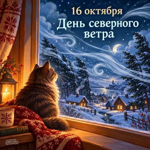 Открытка «День северного ветра, кот у окна, за стеклом зимняя деревня»