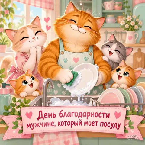Открытка «День благодарности мужчине, который моет посуду, рыжий кот и котята»