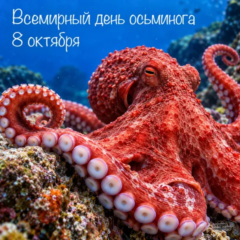 Открытка «Всемирный день осьминога, крупный портрет красного осьминога»