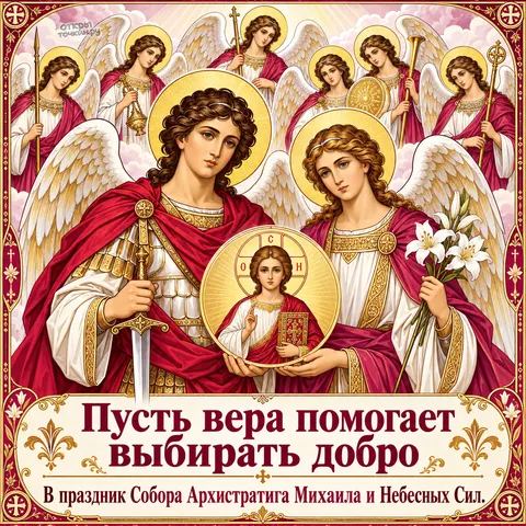 Открытка «Собор Архистратига Михаила, архангелы михаил и гавриил с медальоном христа» — Собор Архистратига Михаила и прочих Небесных Сил бесплотных