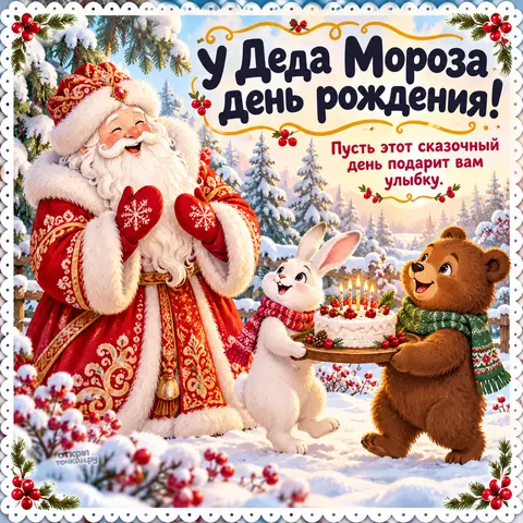 Открытка «День рождения Деда Мороза, дед мороз заяц и медвежонок с тортом в лесу»