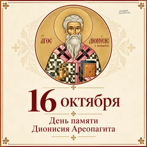 Открытка «День памяти Дионисия Ареопагита, 16 октября, круглая икона на кремовом фоне» — День памяти священномученика Дионисия Ареопагита