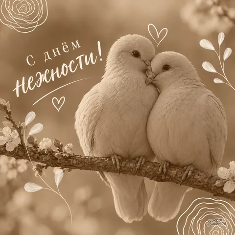 Открытка «День нежности, два голубя на цветущей ветке»