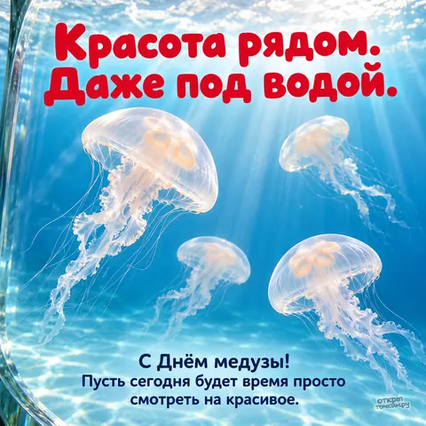 Открытка «Всемирный день медузы, белые медузы в солнечных лучах под водой красота рядом»