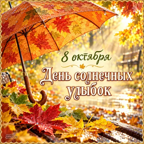 Открытка «День солнечных улыбок, осенний зонтик и кленовые листья»