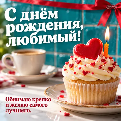 Открытка «С днём рождения парню, капкейк с красным сердцем свечой и кофе»