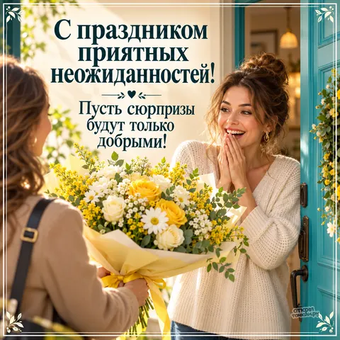 Открытка «Праздник приятных неожиданностей, букет жёлтых роз и ромашек у бирюзовой двери»