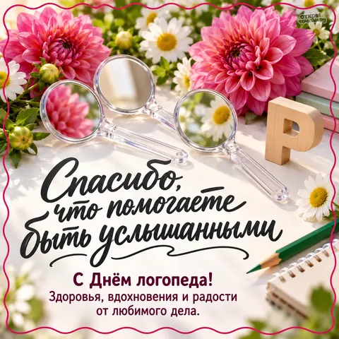 Открытка «Международный день логопеда, зеркала буква р и цветы на столе логопеда»