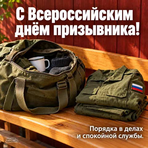 Открытка «Всероссийский день призывника, вещмешок и форма лежат на скамейке»