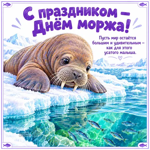 Открытка «День моржа, Детёныш моржа на льдине с рыбками»