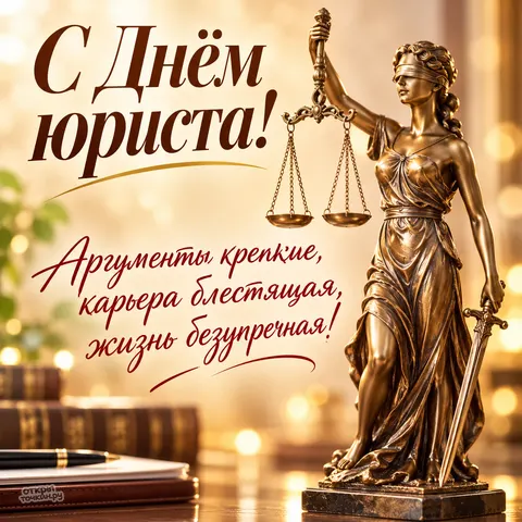 Открытка «С Днём юриста, бронзовая Фемида на тёплом фоне»