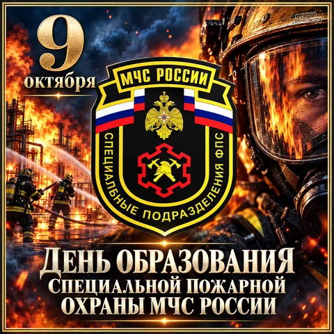 Открытка «День специальной пожарной охраны МЧС России, эмблема на фоне пламени»