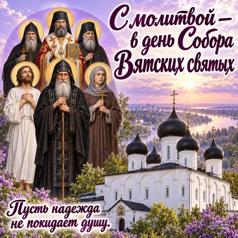 Открытка «Собор Вятских святых, с молитвой в день собора, сирень и рассвет над рекой, пусть надежда не покидает душу»