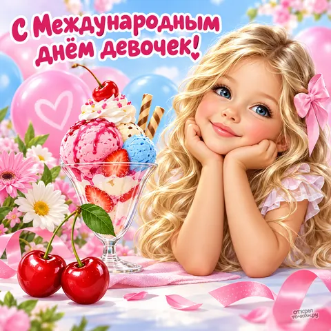 Открытка «С международным днём девочек, мороженое с вишнями»
