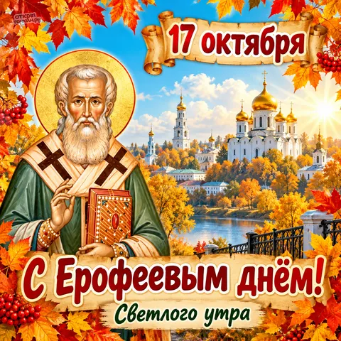 Открытка «День памяти Иерофея Афинского, 17 октября, с Ерофеевым днём, светлого утра» — День памяти священномученика Иерофея Афинского