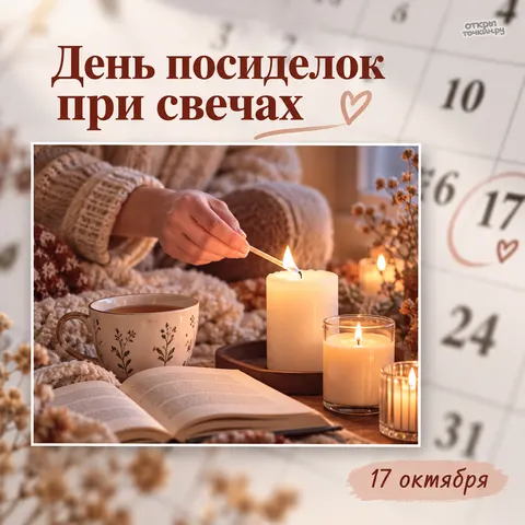 Открытка «День посиделок при свечах, зажжение свечи, книга и чашка чая, 17 октября»