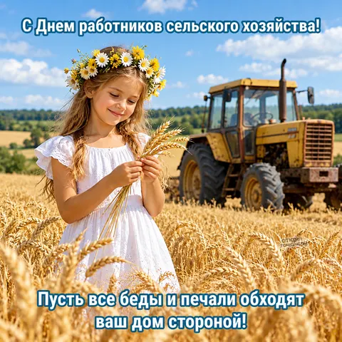 Открытка «День сельского хозяйства, девочка в венке рядом с трактором» — День работника сельского хозяйства и перерабатывающей промышленности
