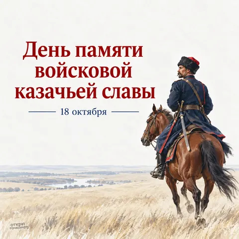 Открытка «День памяти войсковой казачьей славы, 18 октября, казак на коне над степью и рекой»