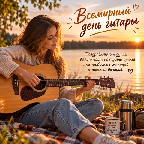 Открытка «Всемирный день гитары, девушка с гитарой у озера на закате»