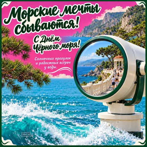 Открытка «День Чёрного моря, бирюзовая волна, подзорная труба с набережной, сосна и морские мечты»