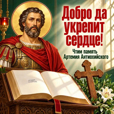 Открытка «День памяти Артемия Антиохийского, открытая книга на аналое, деревянный крест и лилии, добро укрепит сердце» — День памяти великомученика Артемия Антиохийского