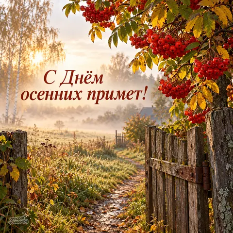 Открытка «День осенних примет, ветка рябины над открытой садовой калиткой»