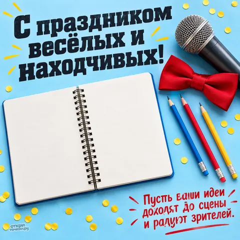 Открытка «Международный день КВН, блокнот микрофон бабочка и карандаши на голубом»