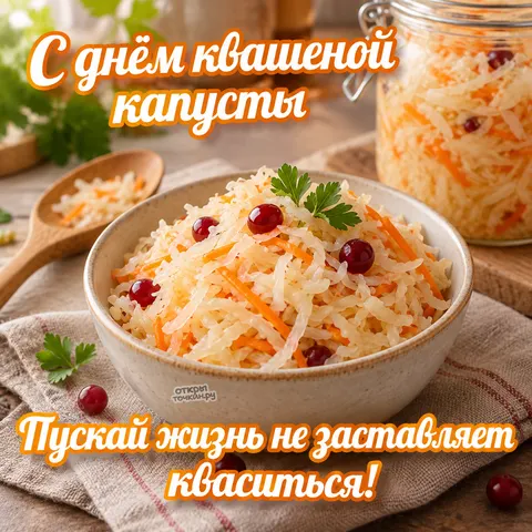 Открытка «С днём квашеной капусты, миска с клюквой и банка на кухне»