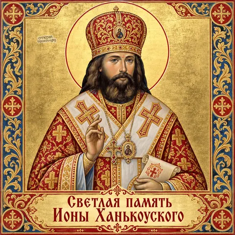 Открытка «День памяти Ионы Ханькоуского, портрет в митре и светлая память» — День памяти святителя Ионы Ханькоуского
