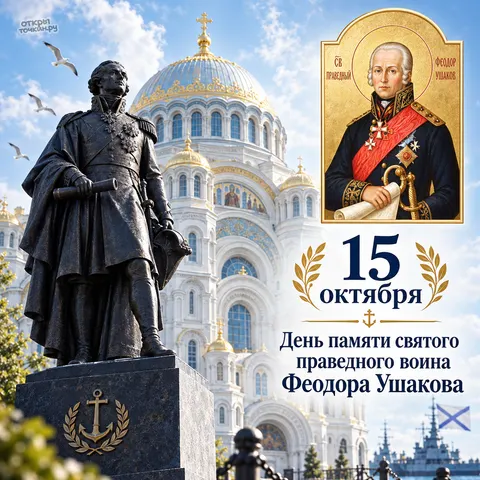 Открытка «Праведный воин Феодор Ушаков, 15 октября, день памяти, памятник, икона и корабль у морского собора»