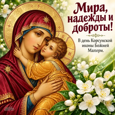 Открытка «Корсунская икона Божией Матери, белые цветы жасмина, мира, надежды и доброты» — Праздник Корсунской иконы Божией Матери