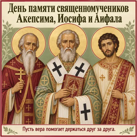 Открытка «День памяти священномучеников Акепсима Иосифа и Аифала, три священномученика с Евангелием и крестом»